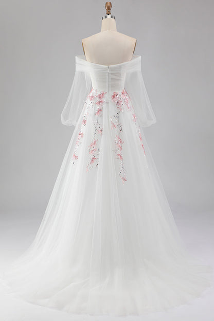 Plus Size Floral Sparkly White A Line Tulle Long Prom Dress with Sequins