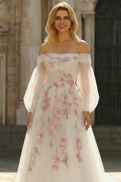 Plus Size Floral Sparkly White A Line Tulle Long Prom Dress with Sequins