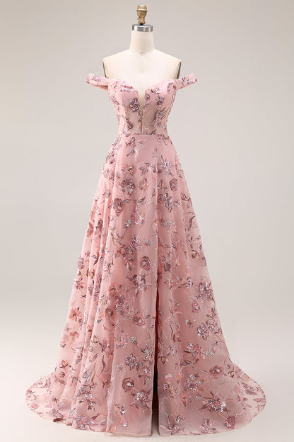 Floral Plus Size Blush Off the Shoulder A Line Long Prom Dress with Sequins