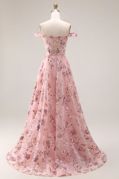 Floral Plus Size Blush Off the Shoulder A Line Long Prom Dress with Sequins