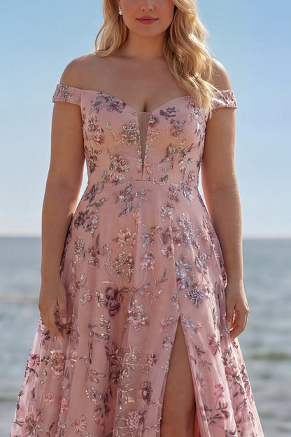 Floral Plus Size Blush Off the Shoulder A Line Long Prom Dress with Sequins