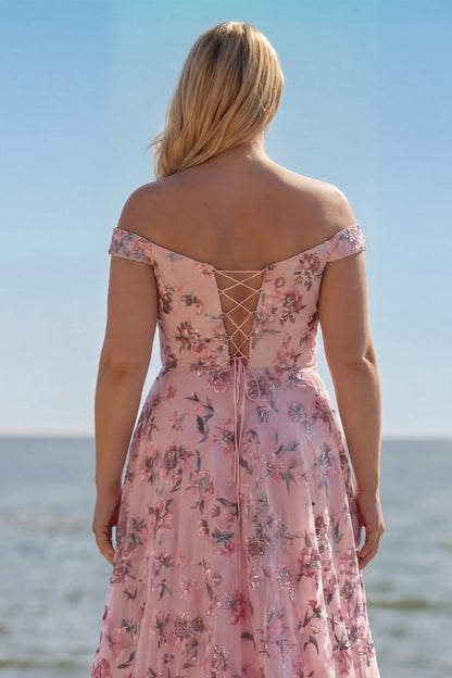 Floral Plus Size Blush Off the Shoulder A Line Long Prom Dress with Sequins