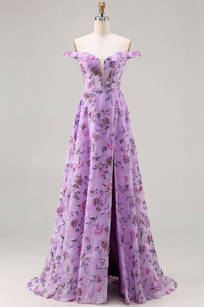 Floral Plus Size Blush Off the Shoulder A Line Long Prom Dress with Sequins
