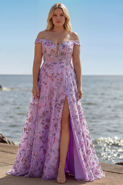 Floral Plus Size Blush Off the Shoulder A Line Long Prom Dress with Sequins