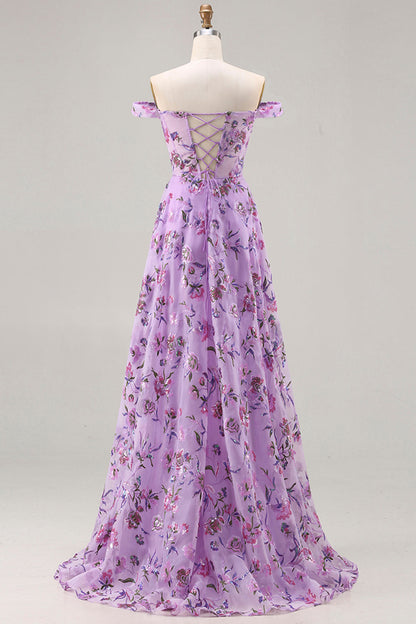 Floral Plus Size Blush Off the Shoulder A Line Long Prom Dress with Sequins