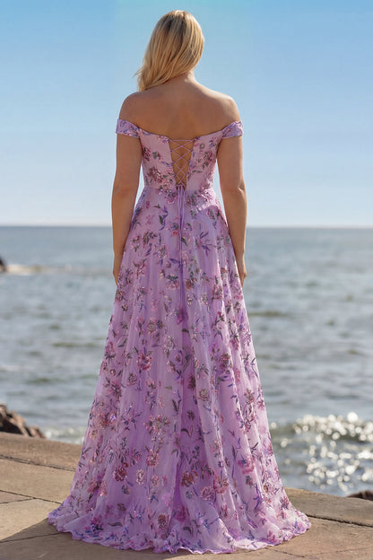 Floral Plus Size Blush Off the Shoulder A Line Long Prom Dress with Sequins