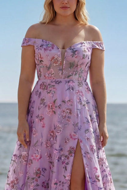 Floral Plus Size Blush Off the Shoulder A Line Long Prom Dress with Sequins