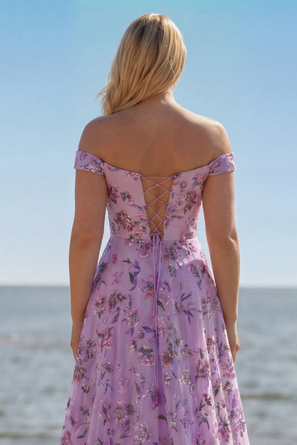 Floral Plus Size Blush Off the Shoulder A Line Long Prom Dress with Sequins