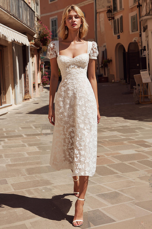Ivory A Line Floral Midi Engagement Dress with Appliques