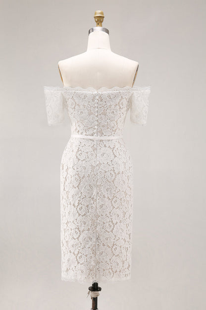 Ivory Lace Bodycon Off the Shoulder Midi Boho Engagement Dress