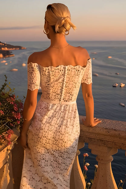 Ivory Lace Bodycon Off the Shoulder Midi Boho Engagement Dress