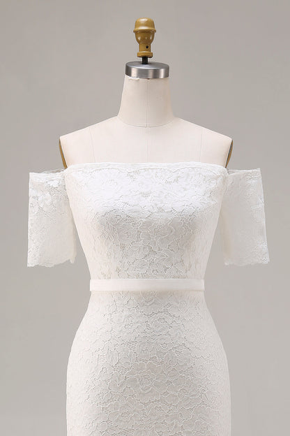 Ivory Lace Bodycon Off the Shoulder Midi Boho Engagement Dress