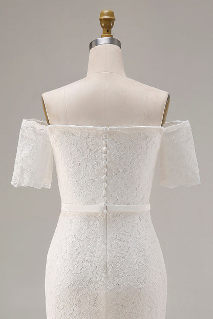Ivory Lace Bodycon Off the Shoulder Midi Boho Engagement Dress