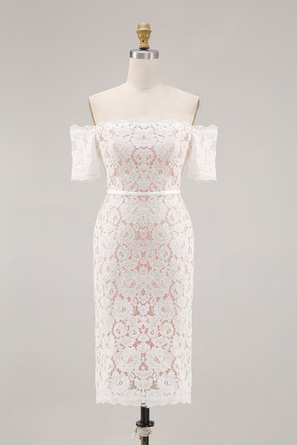 Ivory Lace Bodycon Off the Shoulder Midi Boho Engagement Dress