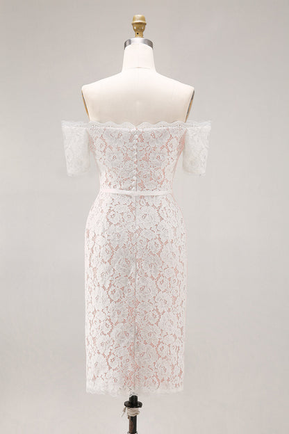 Ivory Lace Bodycon Off the Shoulder Midi Boho Engagement Dress