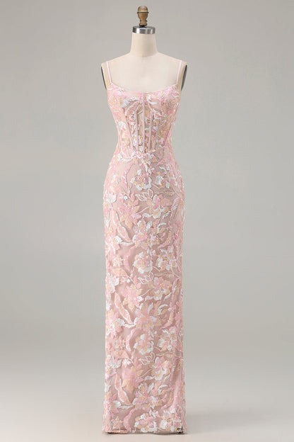 Plus Size Sparkly Floral Blush Pink Sequin Spaghetti Straps Long Corset Prom Dress