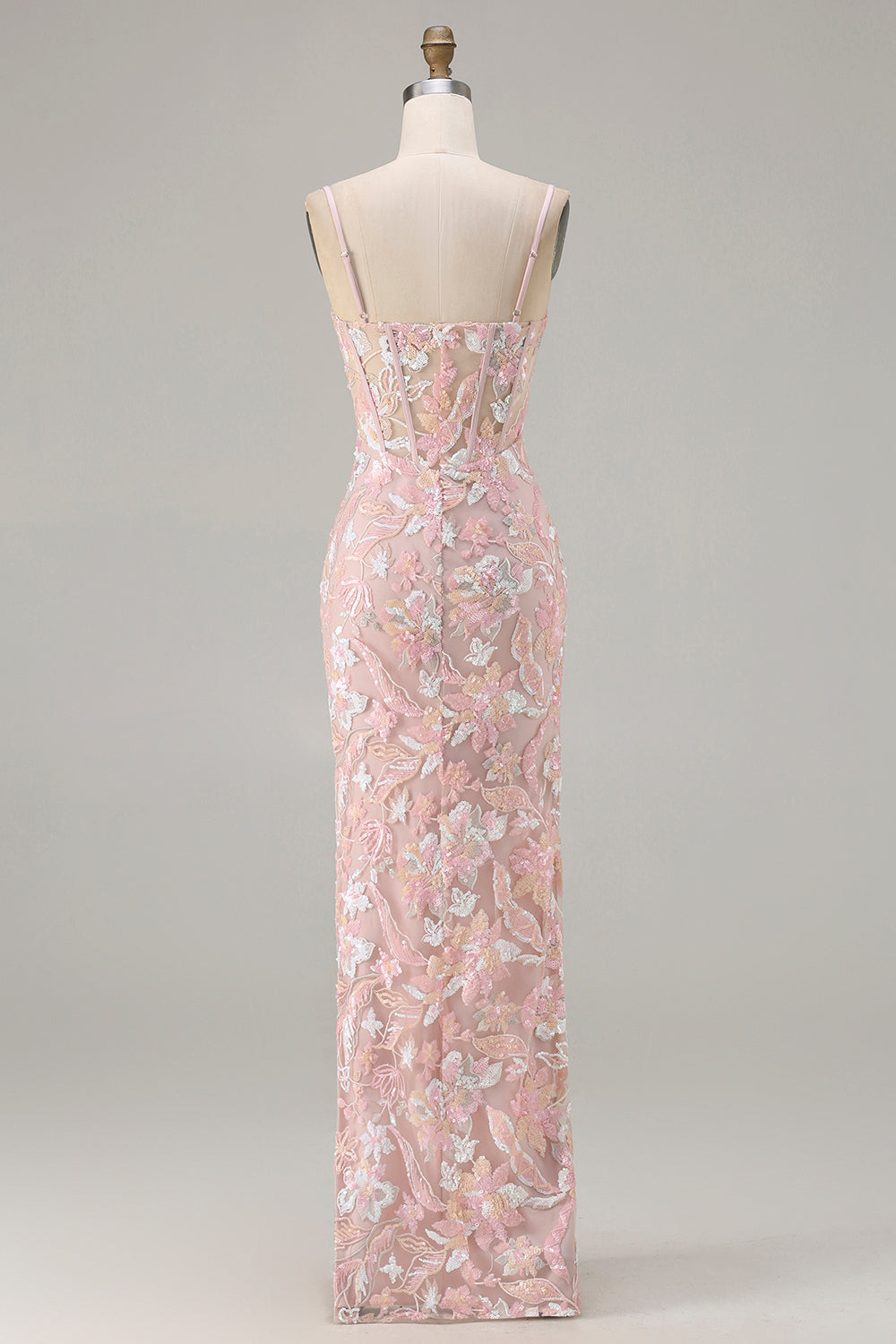 Plus Size Sparkly Floral Blush Pink Sequin Spaghetti Straps Long Corset Prom Dress
