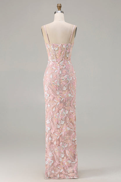 Plus Size Sparkly Floral Blush Pink Sequin Spaghetti Straps Long Corset Prom Dress