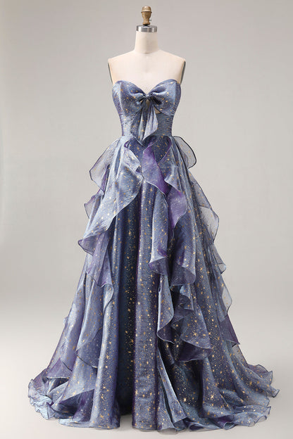 Plus Size Glitter Dusty Blue A Line Ruffled Long Prom Dress with Bow