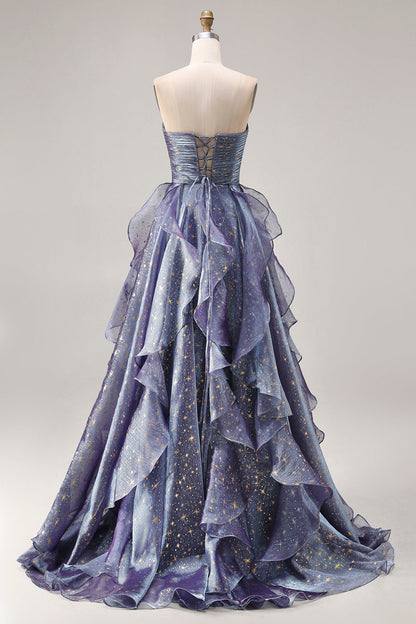 Plus Size Glitter Dusty Blue A Line Ruffled Long Prom Dress with Bow