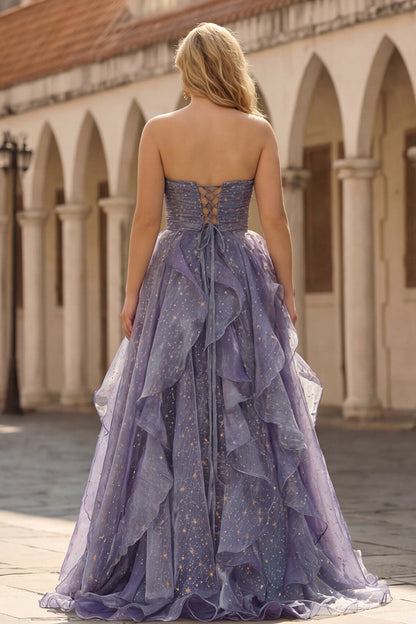Plus Size Glitter Dusty Blue A Line Ruffled Long Prom Dress with Bow