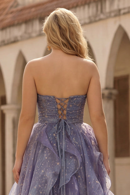 Plus Size Glitter Dusty Blue A Line Ruffled Long Prom Dress with Bow