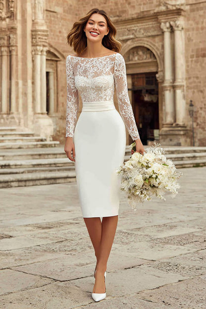 Ivory Bateau Neck Bodycon Lace Midi Wedding Dress with Sleeves