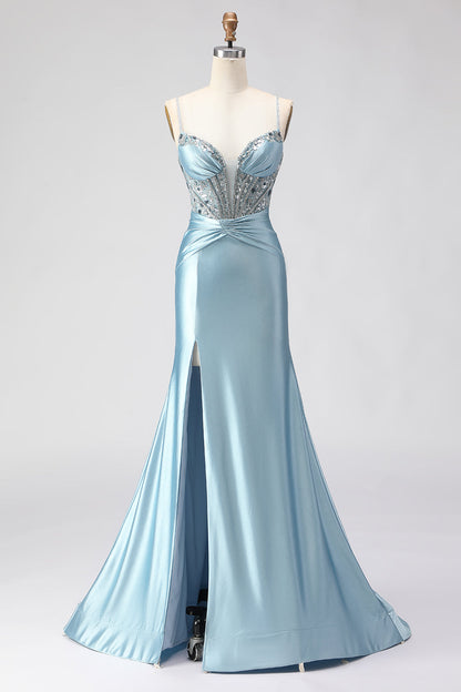 Plus Size Sparkly Dusty Blue Satin Beaded Long Corset Prom Dress with Slit