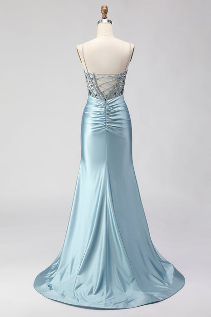 Plus Size Sparkly Dusty Blue Satin Beaded Long Corset Prom Dress with Slit