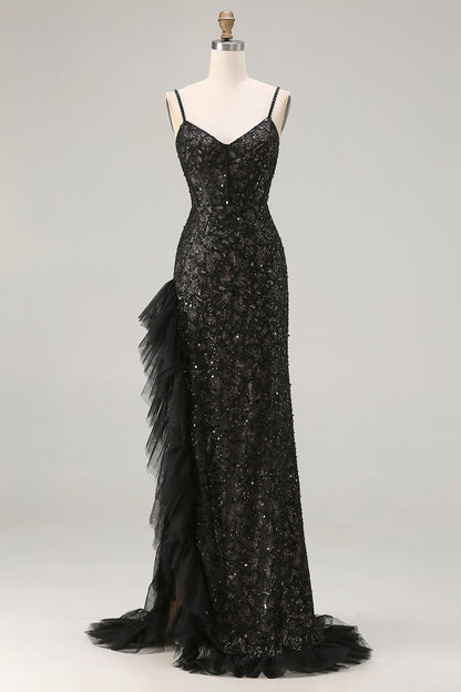 Sparkly Black Plus Size Mermaid Beaded Long Corset Prom Dress with Ruffles