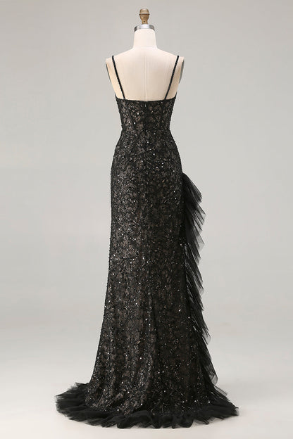 Sparkly Black Plus Size Mermaid Beaded Long Corset Prom Dress with Ruffles