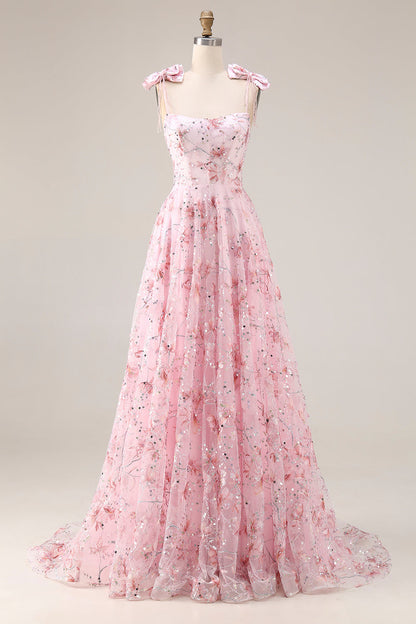Sparkly Pink Plus Size Floral Spaghetti Straps Sequin Long Prom Dress with Bows