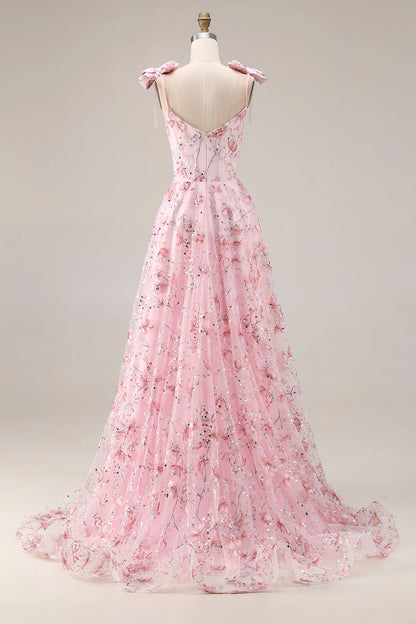 Sparkly Pink Plus Size Floral Spaghetti Straps Sequin Long Prom Dress with Bows