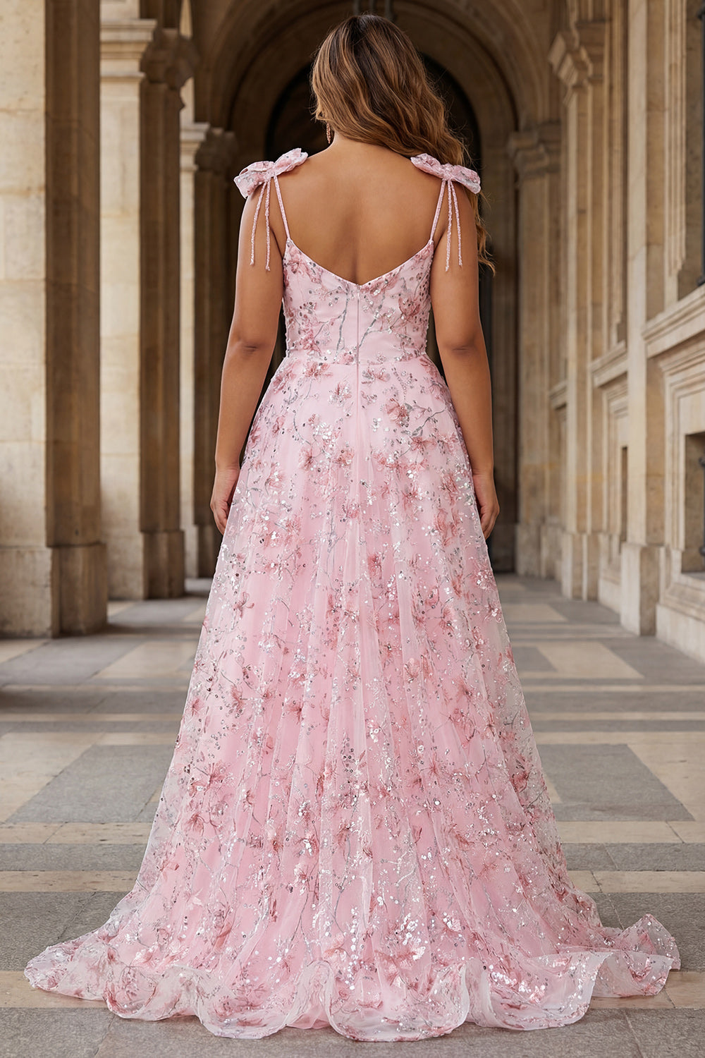 Sparkly Pink Plus Size Floral Spaghetti Straps Sequin Long Prom Dress with Bows