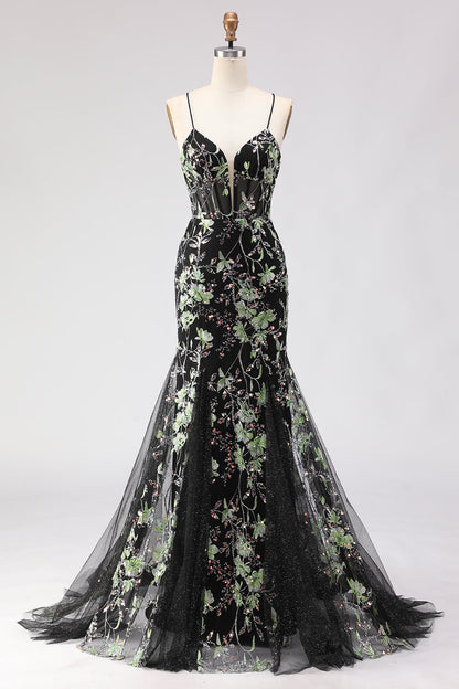 Sparkly Plus Size Floral Black Beaded Spaghetti Straps Long Corset Prom Dress