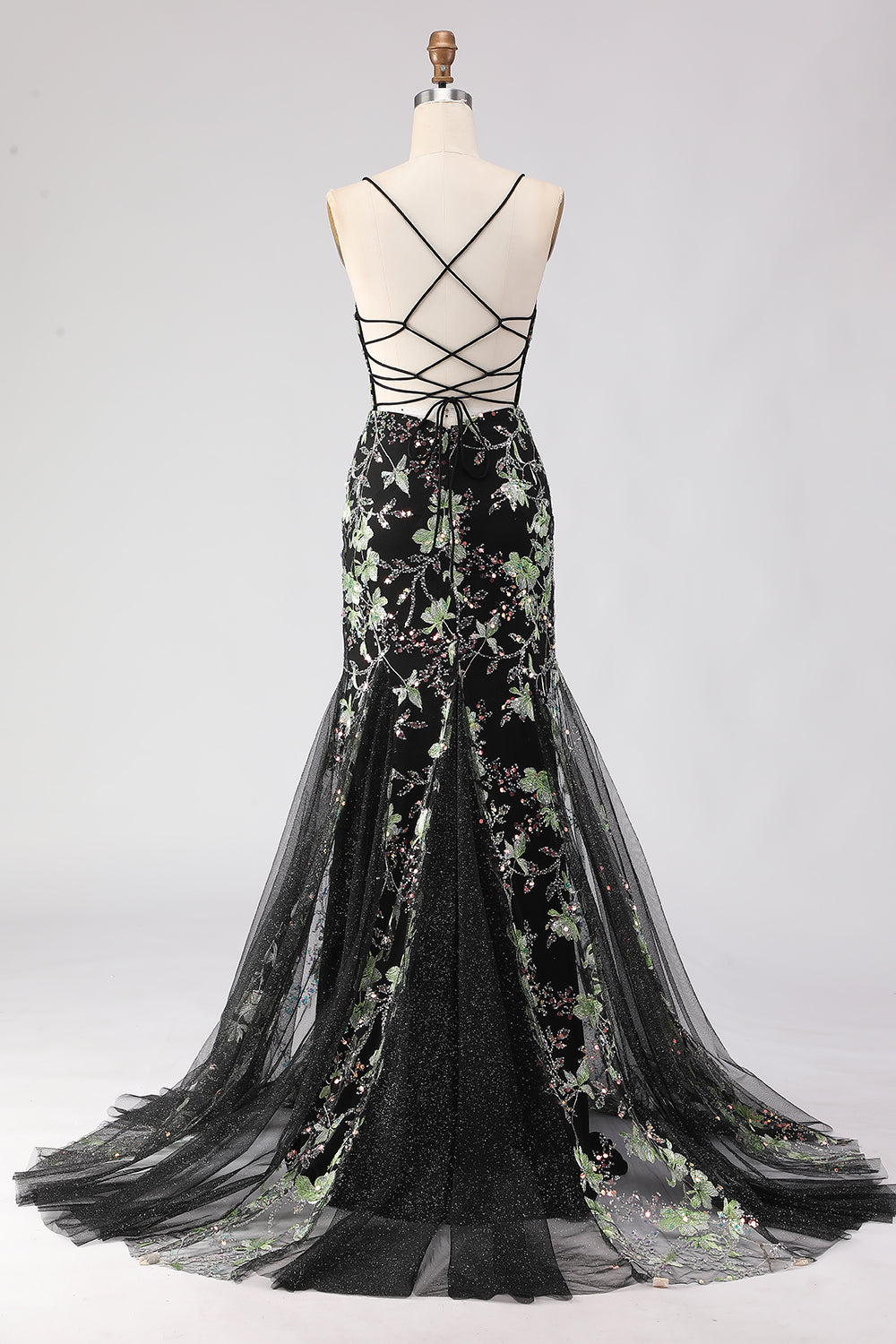 Sparkly Plus Size Floral Black Beaded Spaghetti Straps Long Corset Prom Dress