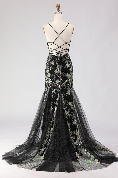 Sparkly Plus Size Floral Black Beaded Spaghetti Straps Long Corset Prom Dress