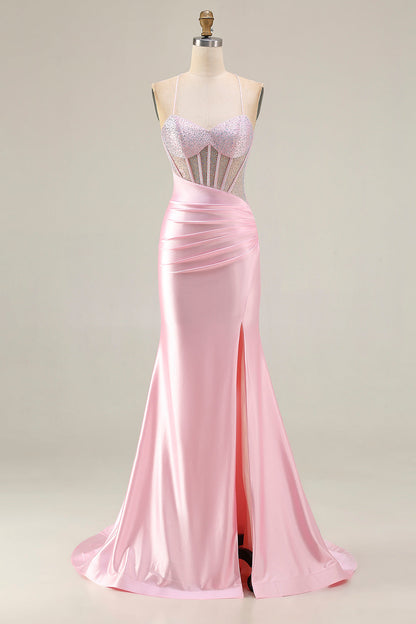 Sparkly Pink Plus Size Corset Mermaid Long Prom Dress with Slit