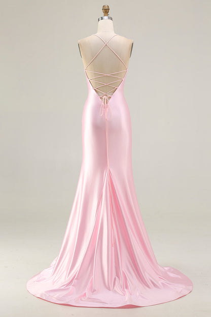 Sparkly Pink Plus Size Corset Mermaid Long Prom Dress with Slit
