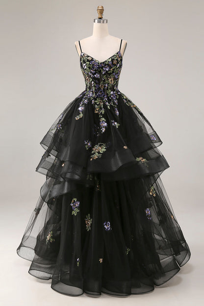 Plus Size Sparkly Black Sequins A Line Tulle Long Prom Dress with Ruffles