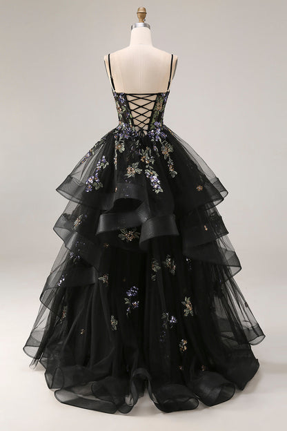 Plus Size Sparkly Black Sequins A Line Tulle Long Prom Dress with Ruffles
