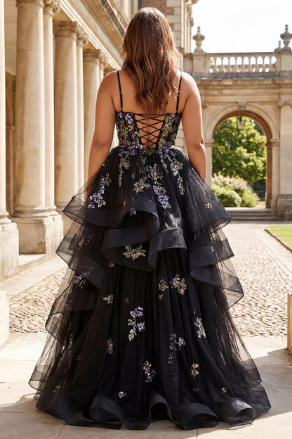 Plus Size Sparkly Black Sequins A Line Tulle Long Prom Dress with Ruffles