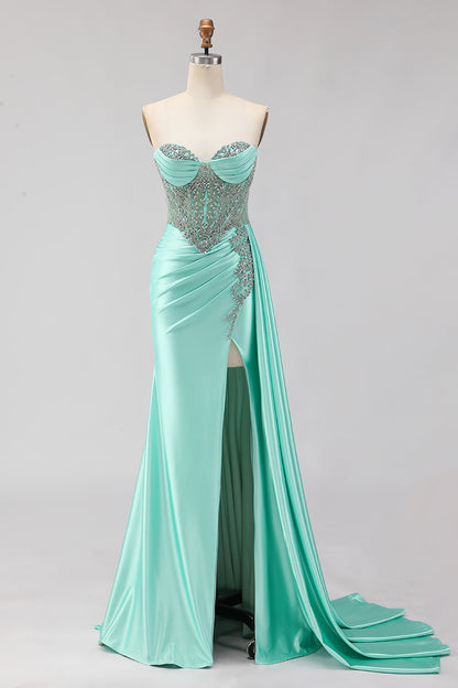 Sparkly Mint Green Plus Size Beaded Mermaid Long Corset Prom Dress with Slit