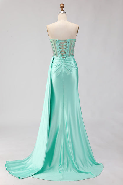 Sparkly Mint Green Plus Size Beaded Mermaid Long Corset Prom Dress with Slit
