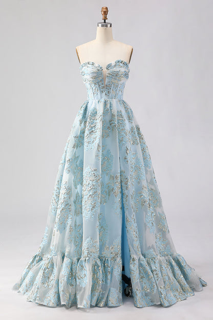 Floral Light Blue Plus Size Sweetheart Ruffled Long Corset Prom Dress with Slit