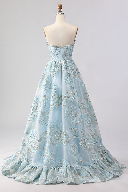 Floral Light Blue Plus Size Sweetheart Ruffled Long Corset Prom Dress with Slit