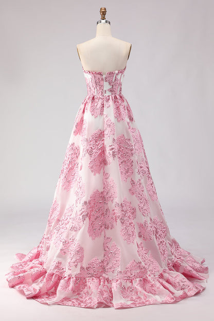 Floral Light Blue Plus Size Sweetheart Ruffled Long Corset Prom Dress with Slit
