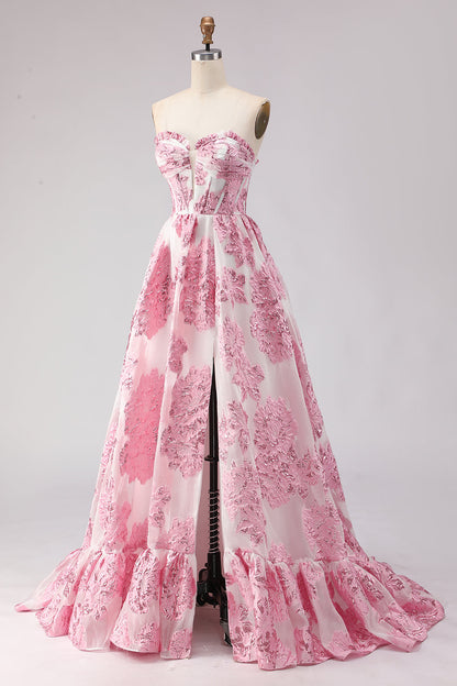 Floral Light Blue Plus Size Sweetheart Ruffled Long Corset Prom Dress with Slit