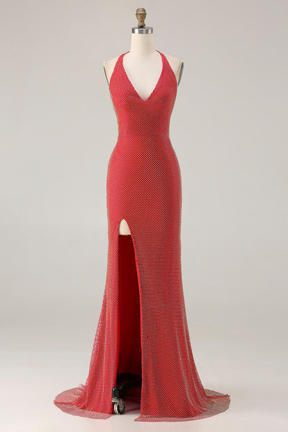 Plus Size Sparkly Red Beaded Halter Mermaid Long Prom Dress with Slit