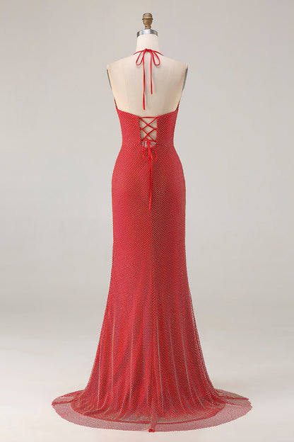 Plus Size Sparkly Red Beaded Halter Mermaid Long Prom Dress with Slit